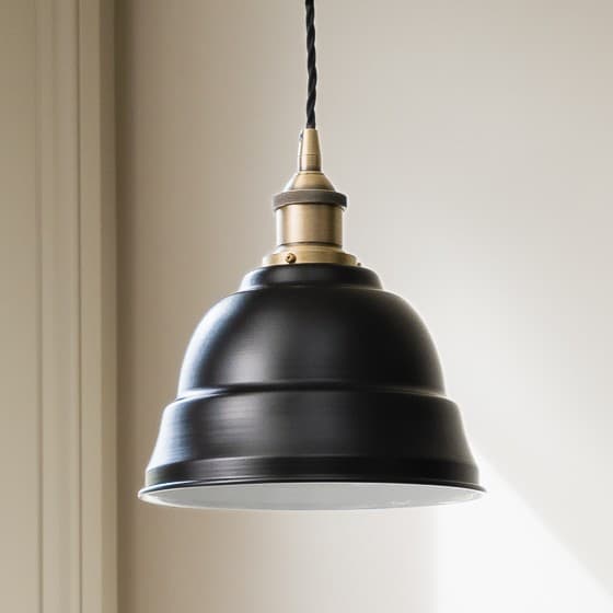 Soho Lighting Matt Black Lincoln Painted Pendant Light with Antique Brass Lamp Holder and Black Twisted Cable
