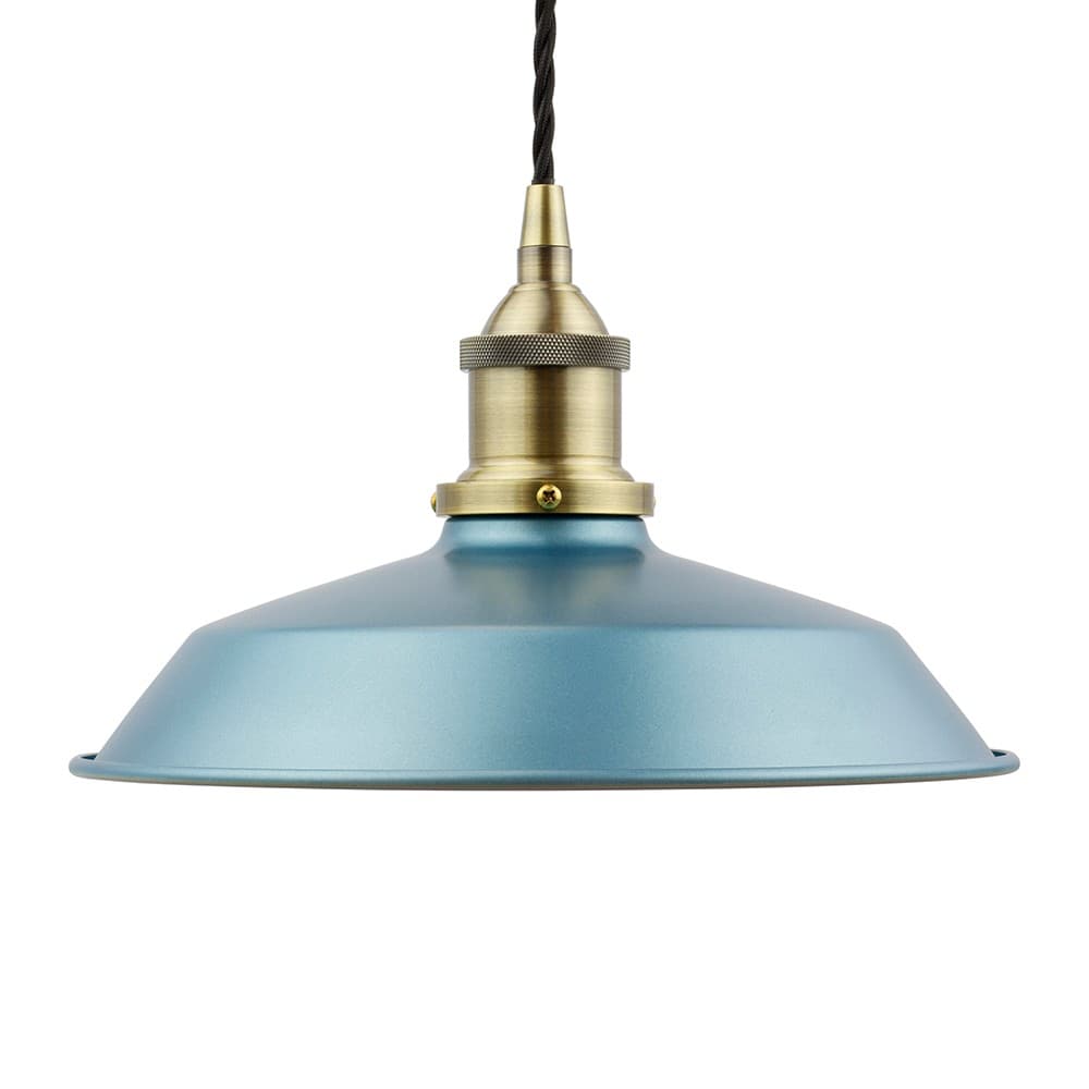 Soho Lighting Racing Blue Small Trinity Metal Painted Pendant Light with Antique Brass Lamp Holder and Black Twisted Cable