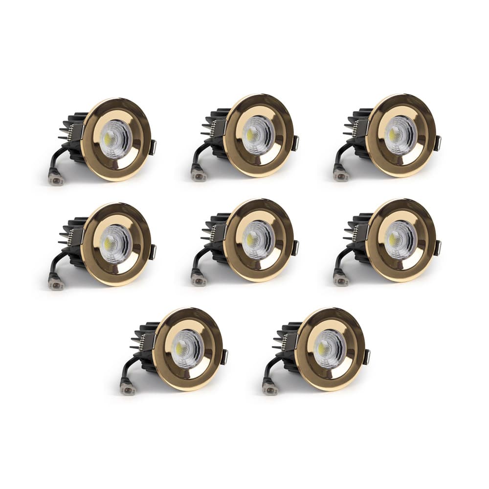 8 Pack - Soho Lighting Polished Brass LED Downlights - Fire Rated - Fixed - IP65 - CCT Switch - High CRI - Dimmable