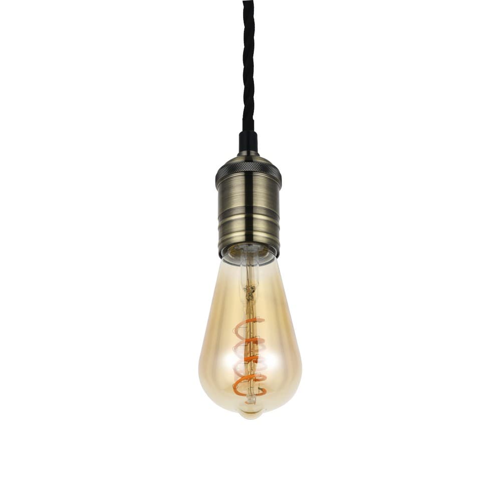Soho Lighting Aged Brass Bulb Holder Exposed Bulb Pendant Light With Twisted Black Cable  - Antique Brass