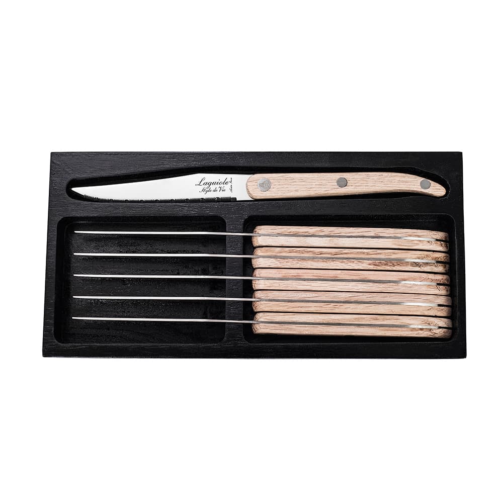 Laguiole Style De Vie Innovation Steak Knives 6 Piece Set Oak Wood with Serrated Blade