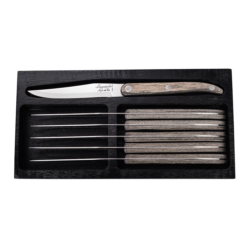 Laguiole Style De Vie Innovation Steak Knives 6 Piece Set Grey Pakka with Smooth Blade