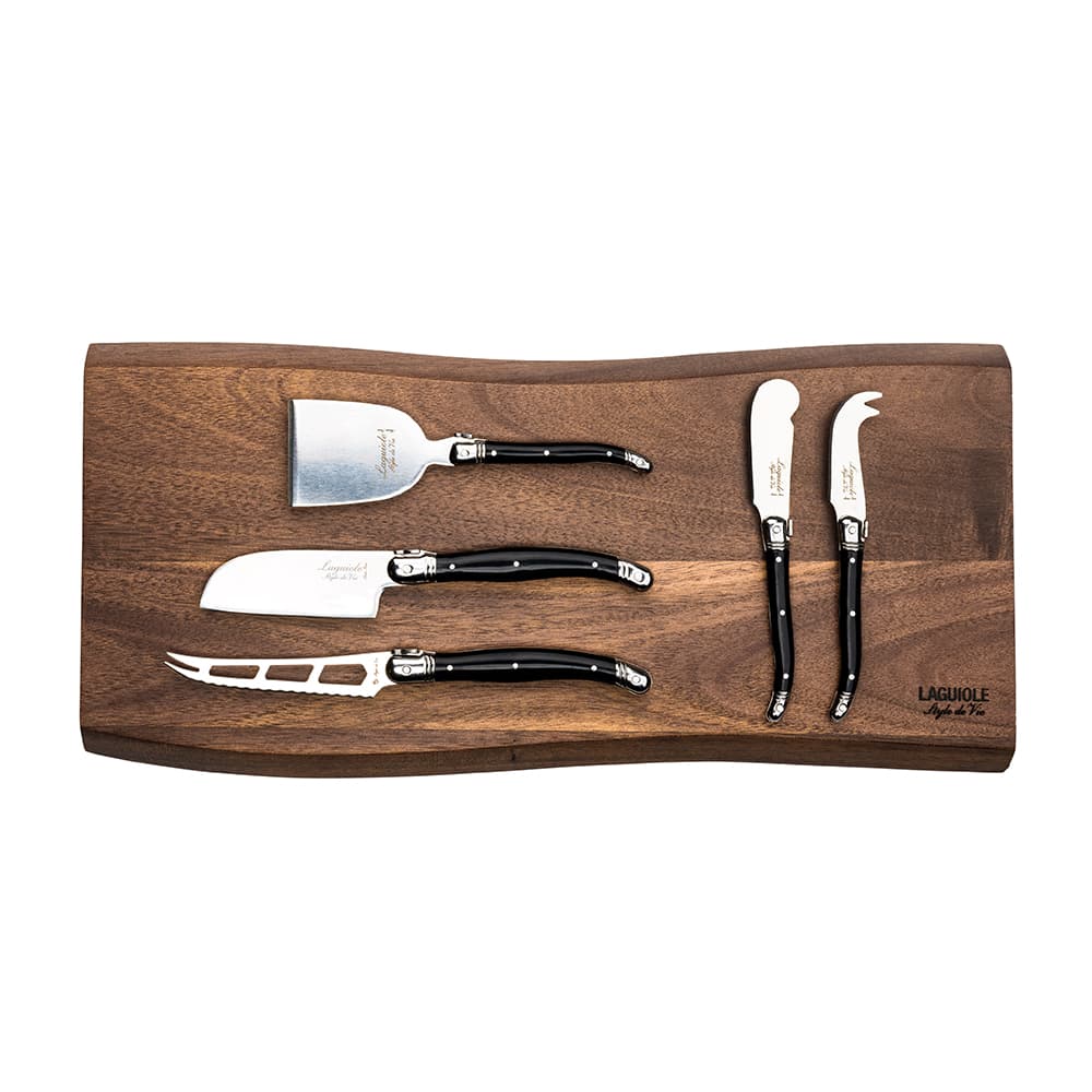 Laguiole Style De Vie Premium Black Cheese Knives 5 Piece Set with Serving Board Acacia Wood