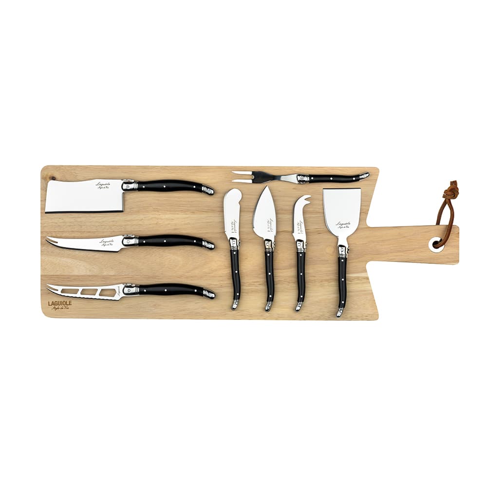Laguiole Style De Vie Premium Black Cheese Knives 8 Piece Set with Serving Board
