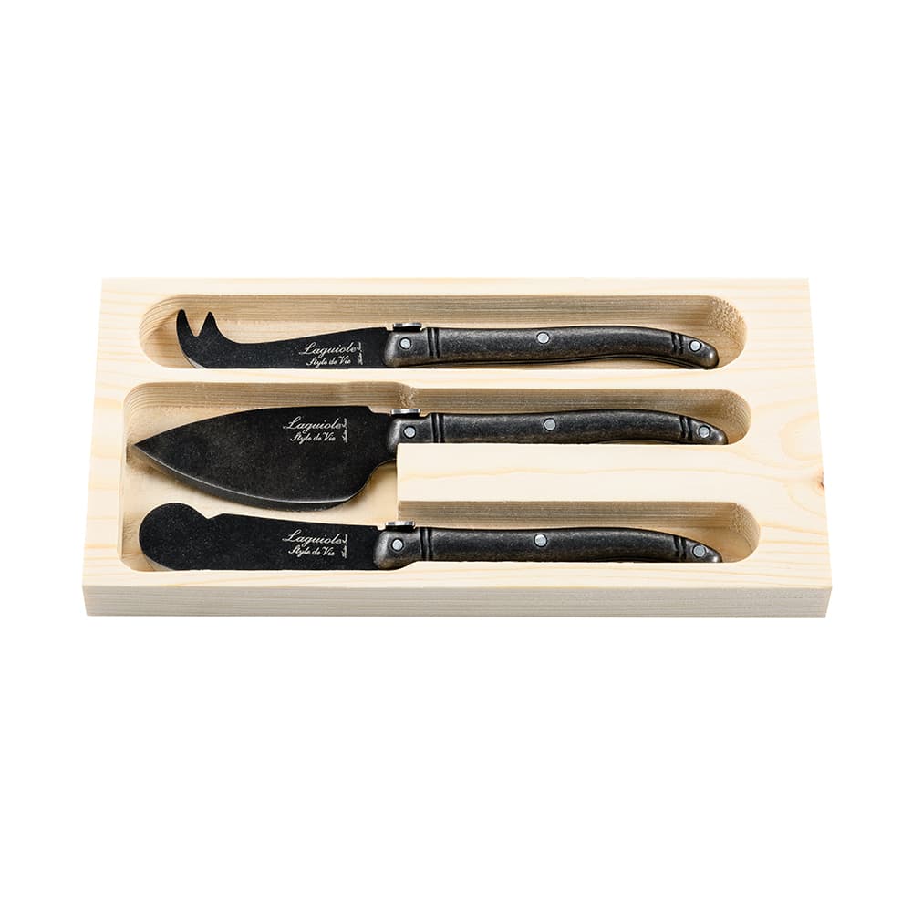 Laguiole Style De Vie Premium Cheese Knives 3 Piece Set Black Stonewash