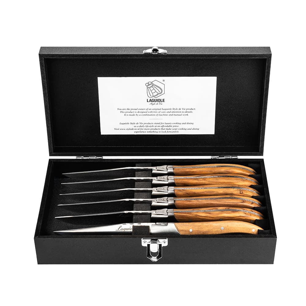 Laguiole Style De Vie Luxury Steak Knives 6 Piece Set Olive Wood