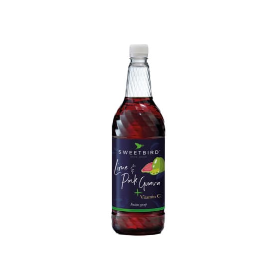 Syrup with added vitamin C for iced drinks Sweetbird Fusions+ Lime and Pink Guava, 1 l