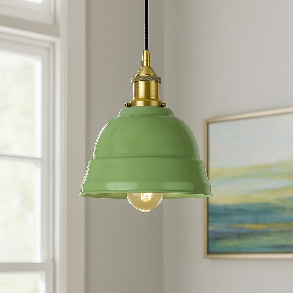 Soho Lighting Mint Green Lincoln Painted Pendant Light with Matt Antique Copper Lamp Holder and Black Twisted Cable