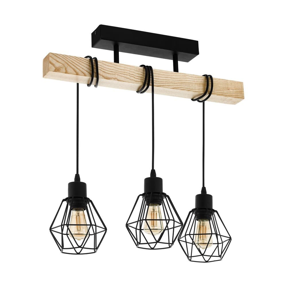 Eglo Arcadian Wood & Black Triple Caged Ceiling Light - EGO Lighting