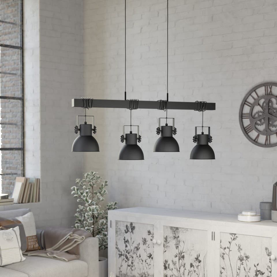 Eglo SHIREBROOK Black w Black Wood Beam 4 Lamp Pendant Light