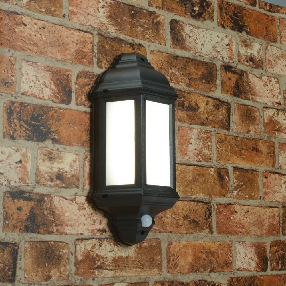 Saxby Halbury Black PIR IP44 7W cool white Exterior Lantern Wall Light