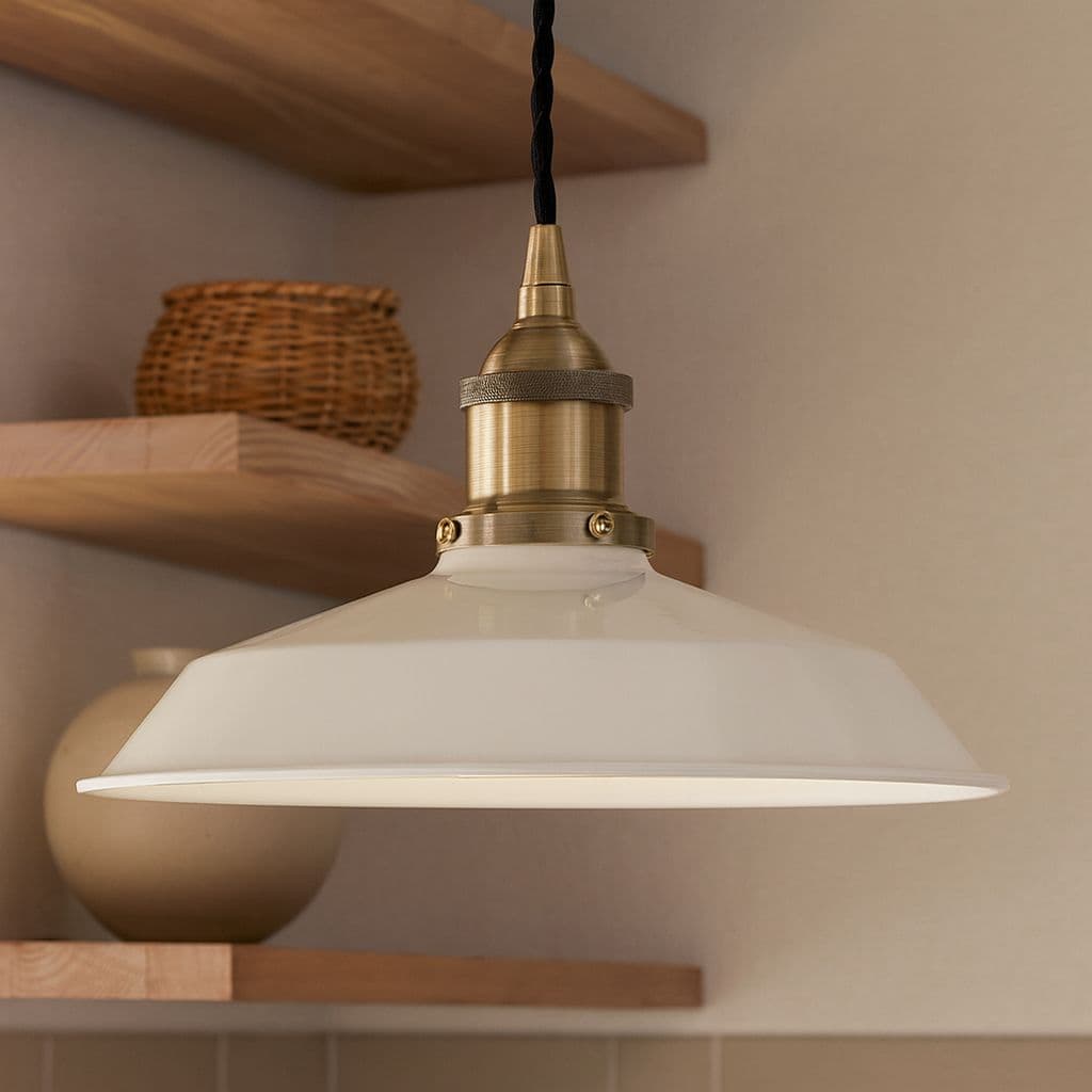 Soho Lighting Clay White Small Trinity Metal Painted Pendant Light with Antique Copper Lamp Holder and Black Twisted Cable