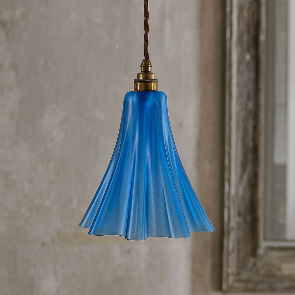 Bluebell Pendant Light in Nautical Blue with Old English Bulb Holder with Linen Twisted Cable - The Soho Lighting Company
