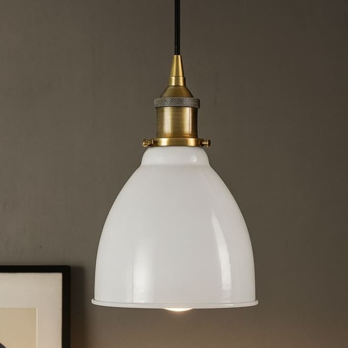 Soho Lighting Pale Grey Classic Small Pantry Metal Painted Pendant Light with Antique Brass Lamp Holder and Brown Twisted Cable