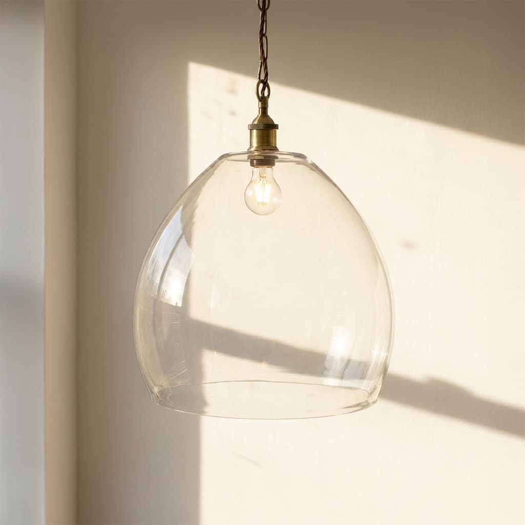 Soho Lighting Harington Clear Dome Glass Pendant Light with Antique Gold Lampholder and Chain with Brown Twisted Cable