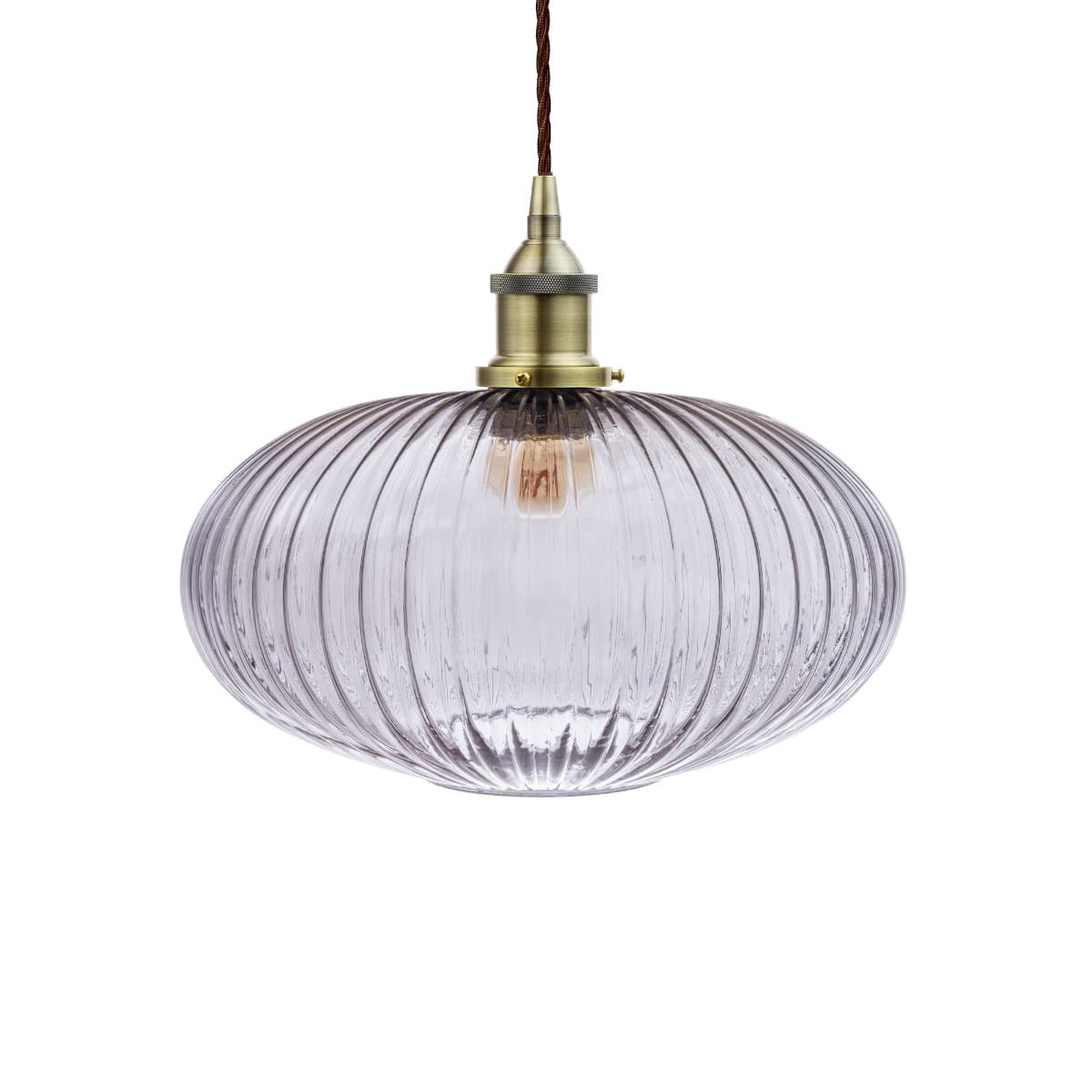 Ribbed Glass Pendant Light with Antique Brass Lamp Holder and Brown Twisted Cable - The Soho Lighting Company