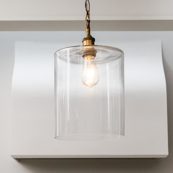 Grand Clear Large Glass Cylinder Pendant Light with Antique Brass Lampholder and Chain with Brown Twisted Cable - The Soho Lighting Company