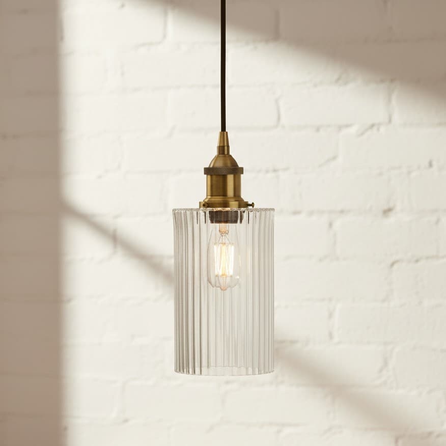 Cylinder Ribbed Glass Pendant Light with Antique Gold Lamp Holder and Black Round Cable - The Soho Lighting Company