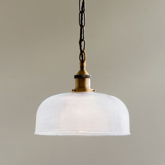 Prismatic Stepped Dome Glass Pendant Light with Antique Brass Lampholder and Chain with Brown Twisted Cable - The Soho Lighting Company