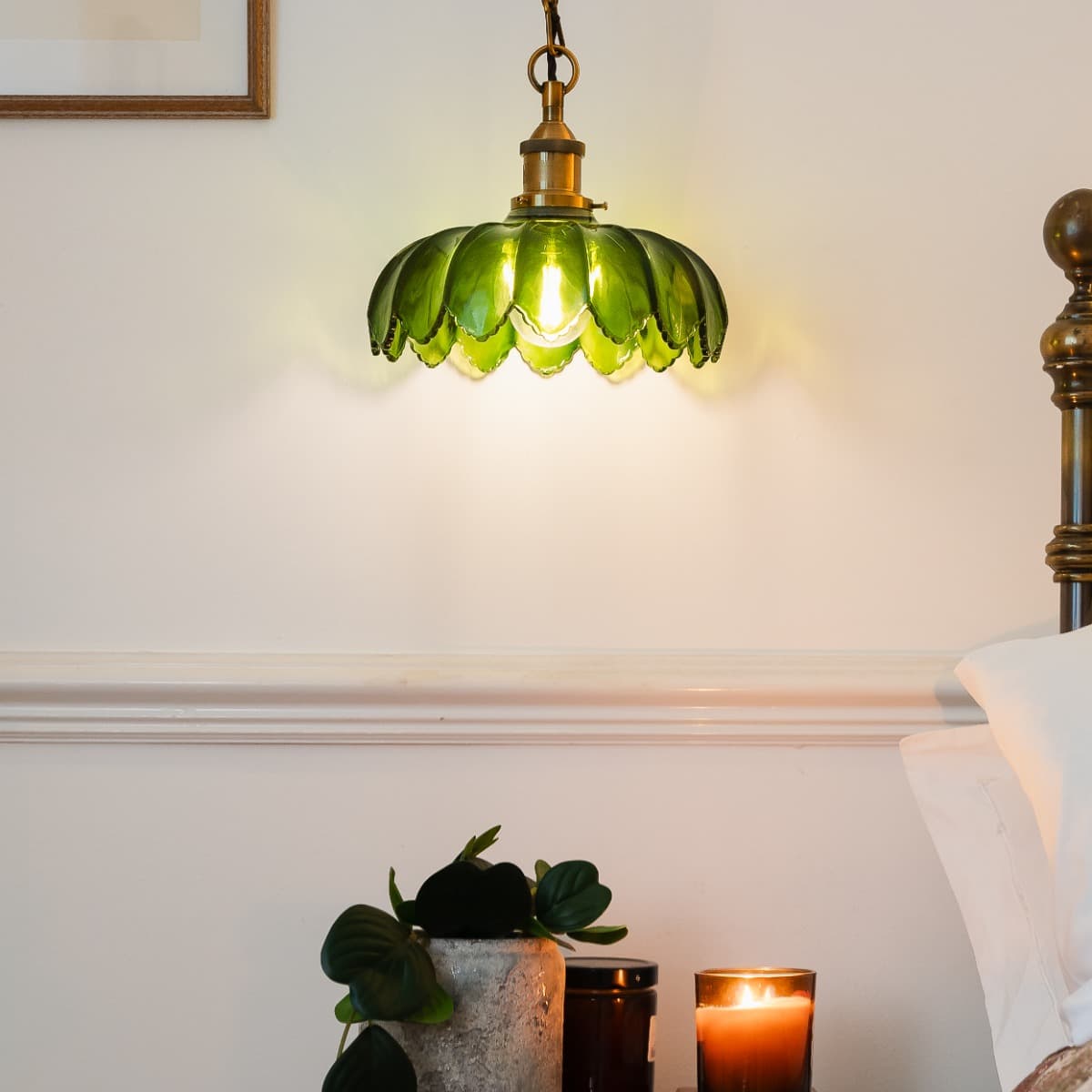 Organic Flora Green Glass Pendant Light with Antique Gold Lampholder and Chain with Brown Twisted Cable - The Soho Lighting Company