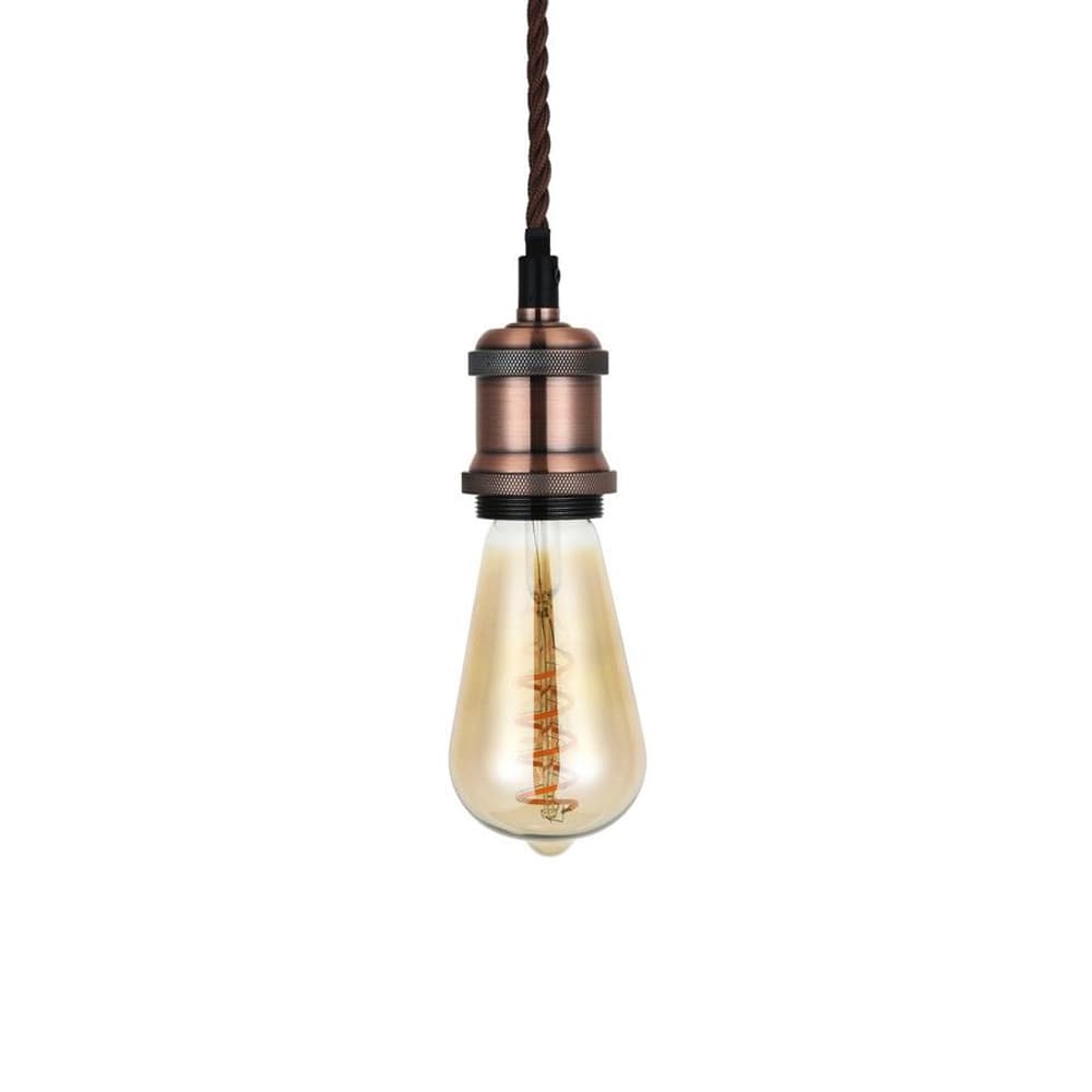 Soho Lighting Antique Copper Bulb Holder Exposed Bulb Pendant Light With Twisted Dark Brown Cable