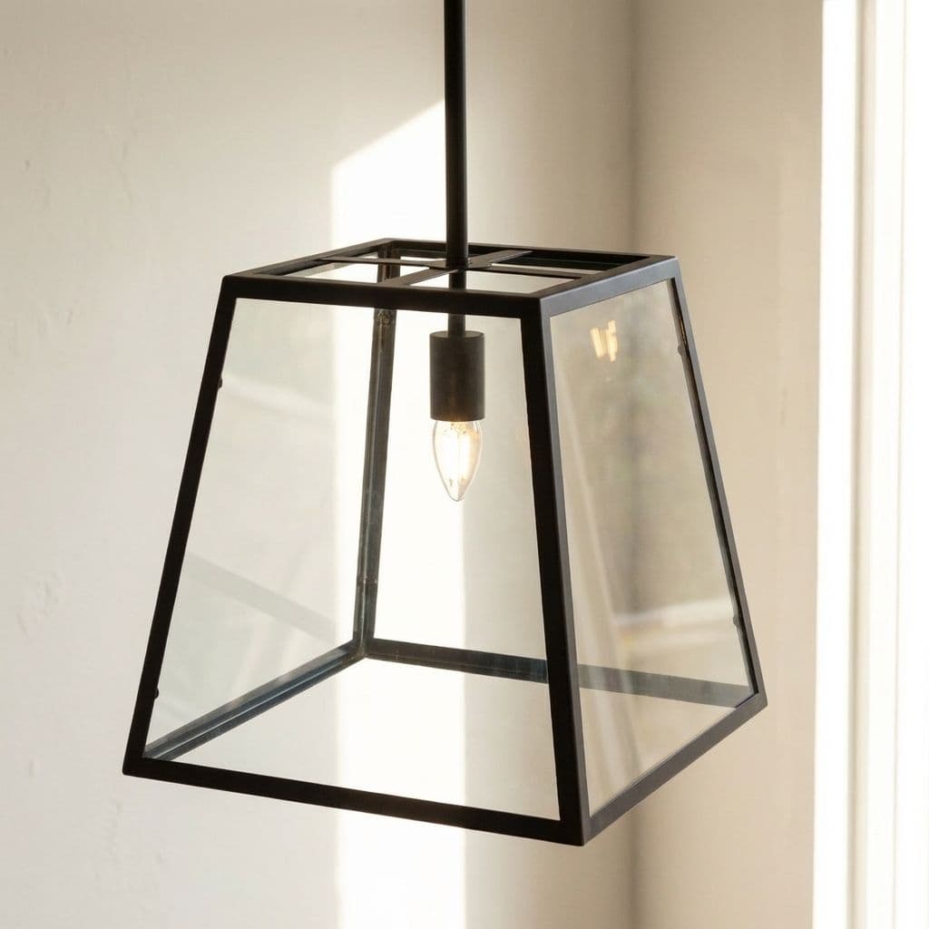 Large Geo Trapeze Metal and Glass Lantern Pendant Light - Ludlow Collection - Black - The Soho Lighting Company