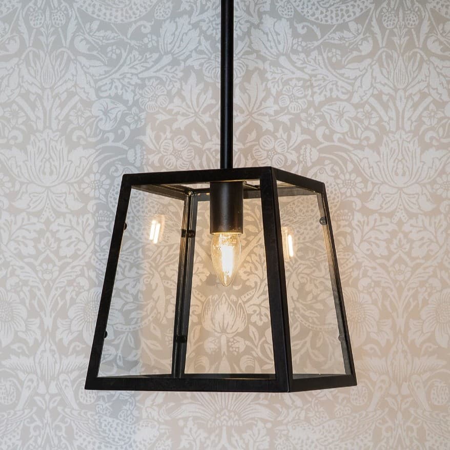 Small Geo Trapeze Metal and Glass Lantern Pendant Light - Ludlow Collection - Black - The Soho Lighting Company