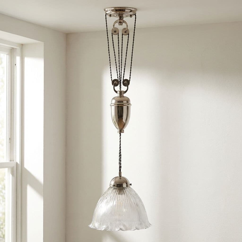 Soho Lighting D'Arblay Nickel French Rise and Fall Large Scalloped Dome Dining Room Pendant Light