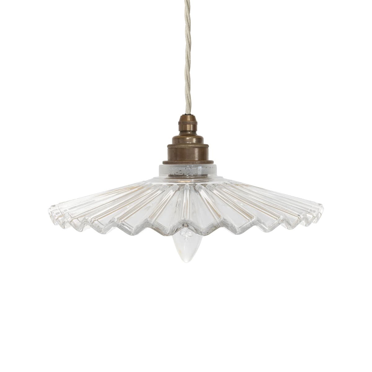 Fluted Fan Glass Pendant Light with Old English Bronze Bulb Holder and Off White Twisted Cable - Brass - The Soho Lighting Company