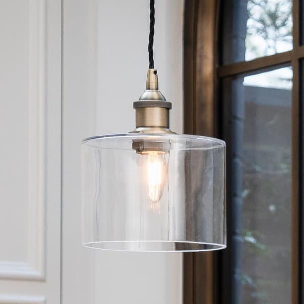 Petite Clear Glass Pendant Light with Polished Brass Lamp Holder and Black Twisted Cable - The Soho Lighting Company