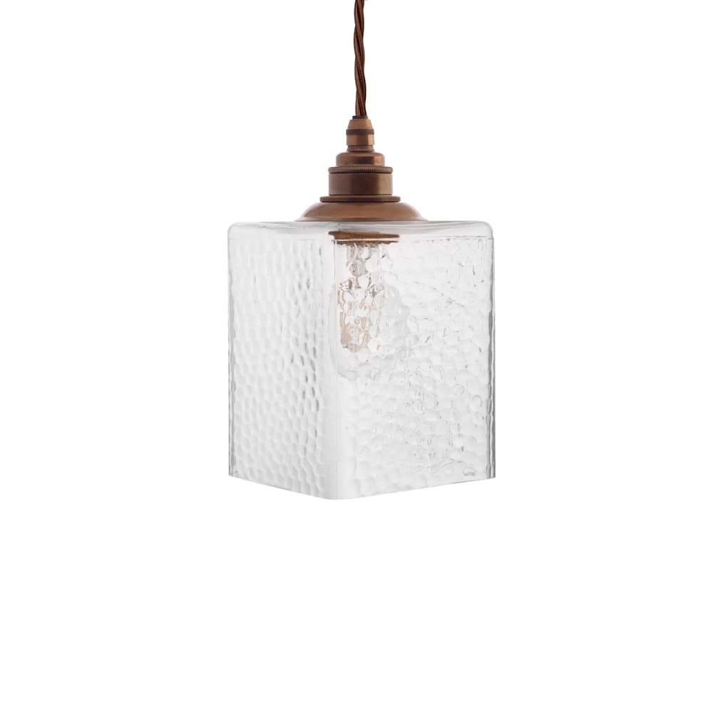 Montagu Cuboid Dappled Glass Pendant Light with Old English Bronze Bulb Holder and Brown Twisted Cable - Brass - The Soho Lighting Company