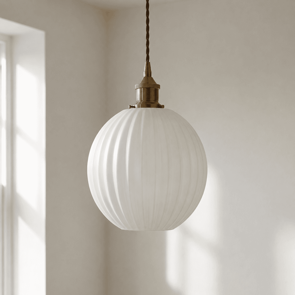 Soho Lighting Baltic Fluted Globe Pendant Surf White with Brushed Chrome Bulb holder and Grey Twisted Cable