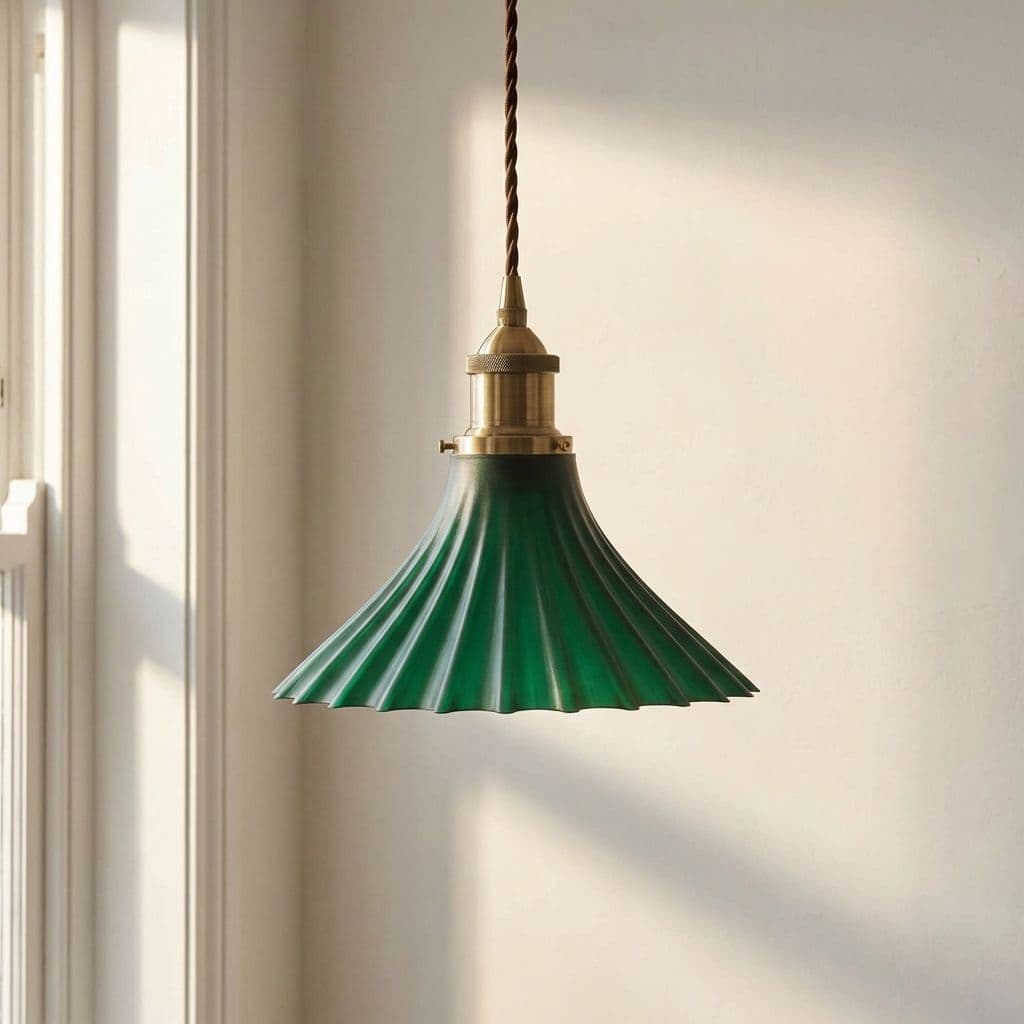 Soho Lighting Scallop Fluted Bell Pendant Emerald Green with Antique Copper Bulb holder and Black round Cable