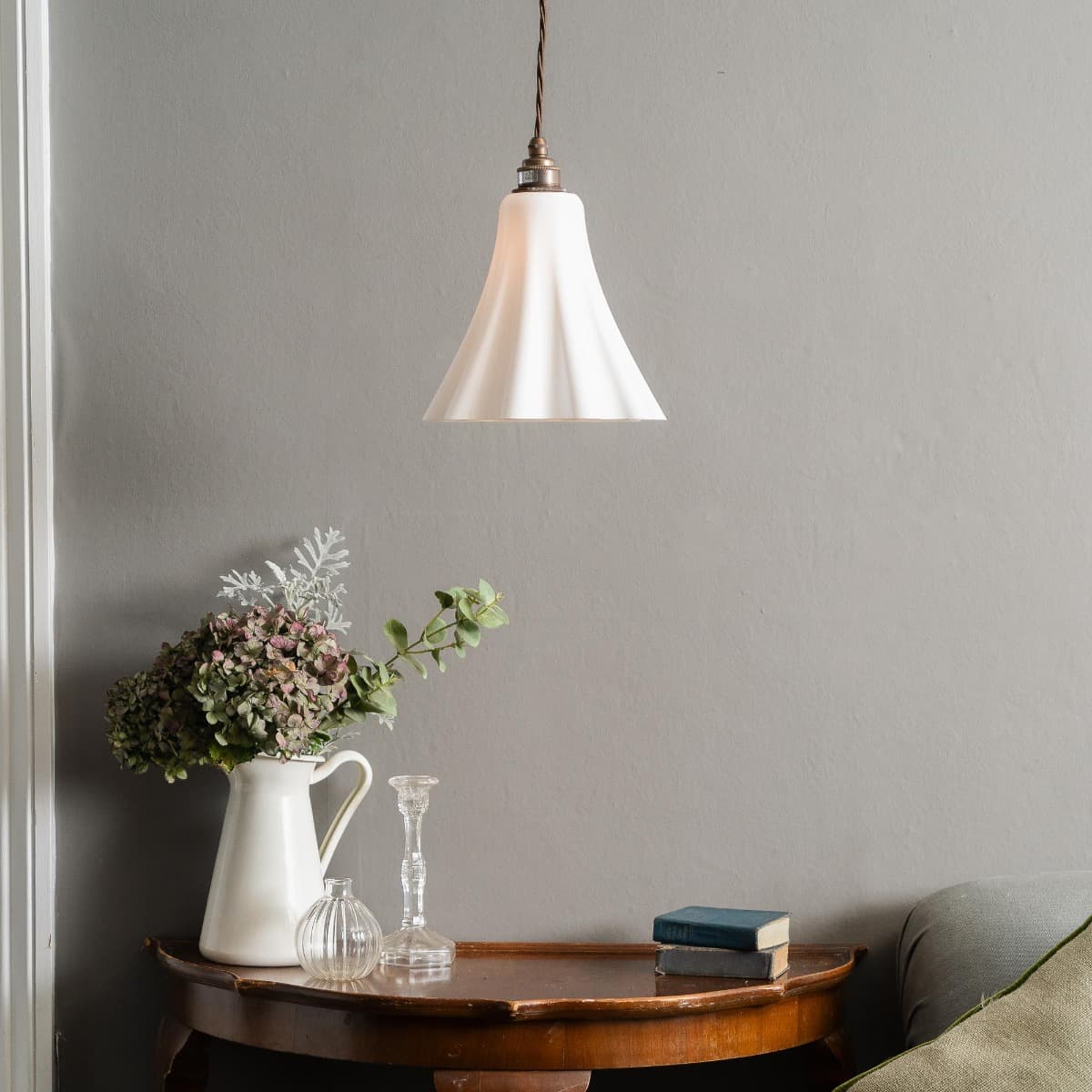 Bluebell Pendant Light in Surf White with Old English Bulb Holder with Brown Twisted Cable - The Soho Lighting Company