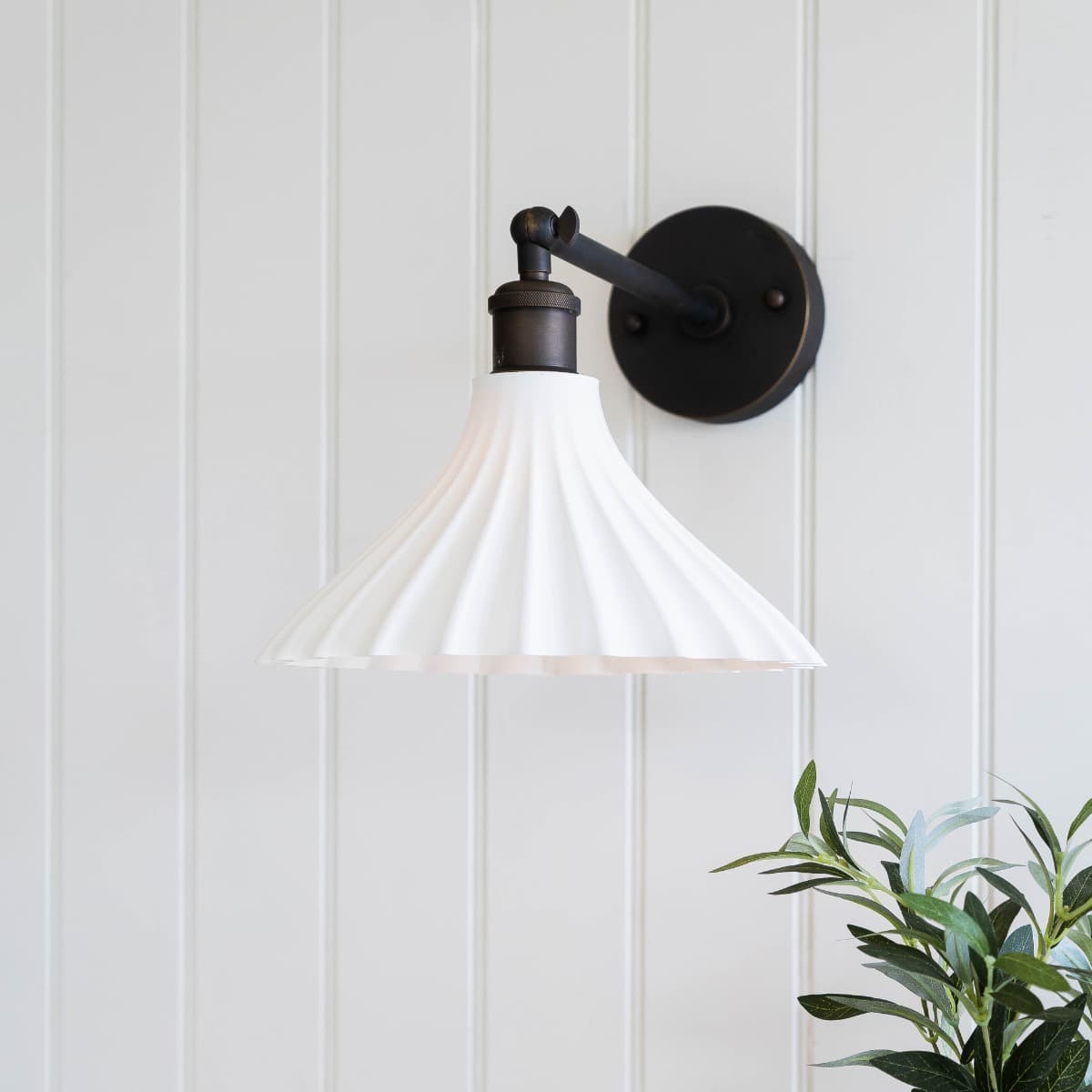 Scallop Fluted Bell Surf White Wall Light with Bronze Arm - The Soho Lighting Company