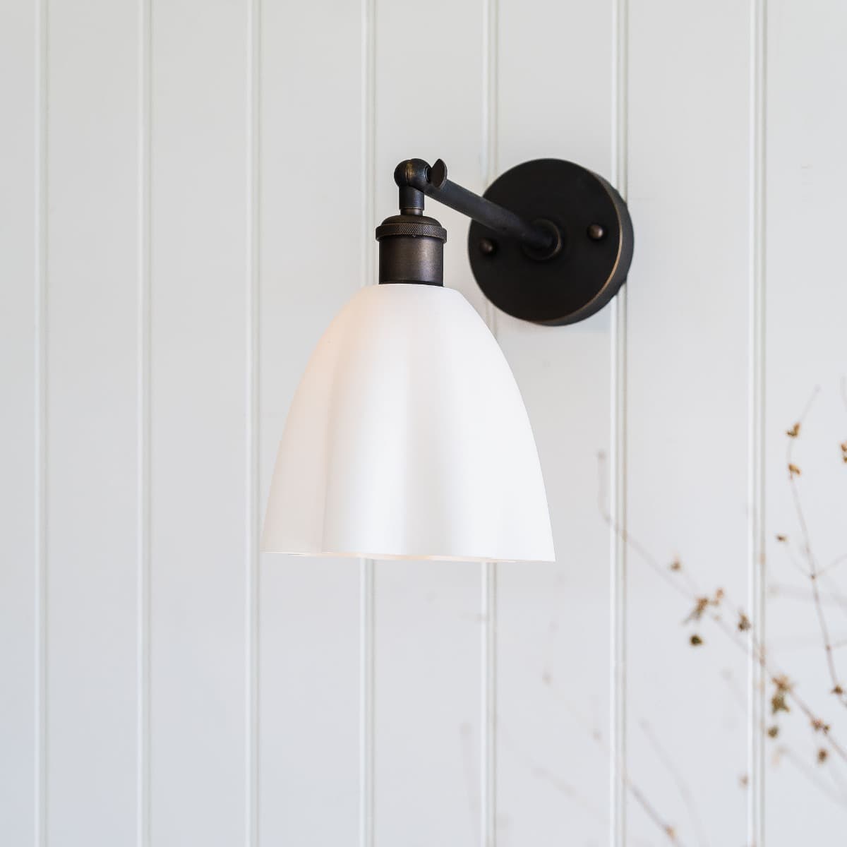 Soft White Fluted Cloth Wall Light with Brass Arm - The Soho Lighting Company