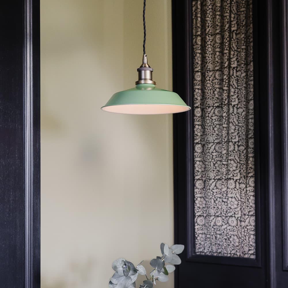 Soho Lighting Mint Green Small Trinity Metal Painted Pendant Light with Antique Gold Lamp Holder and Black Twisted Cable