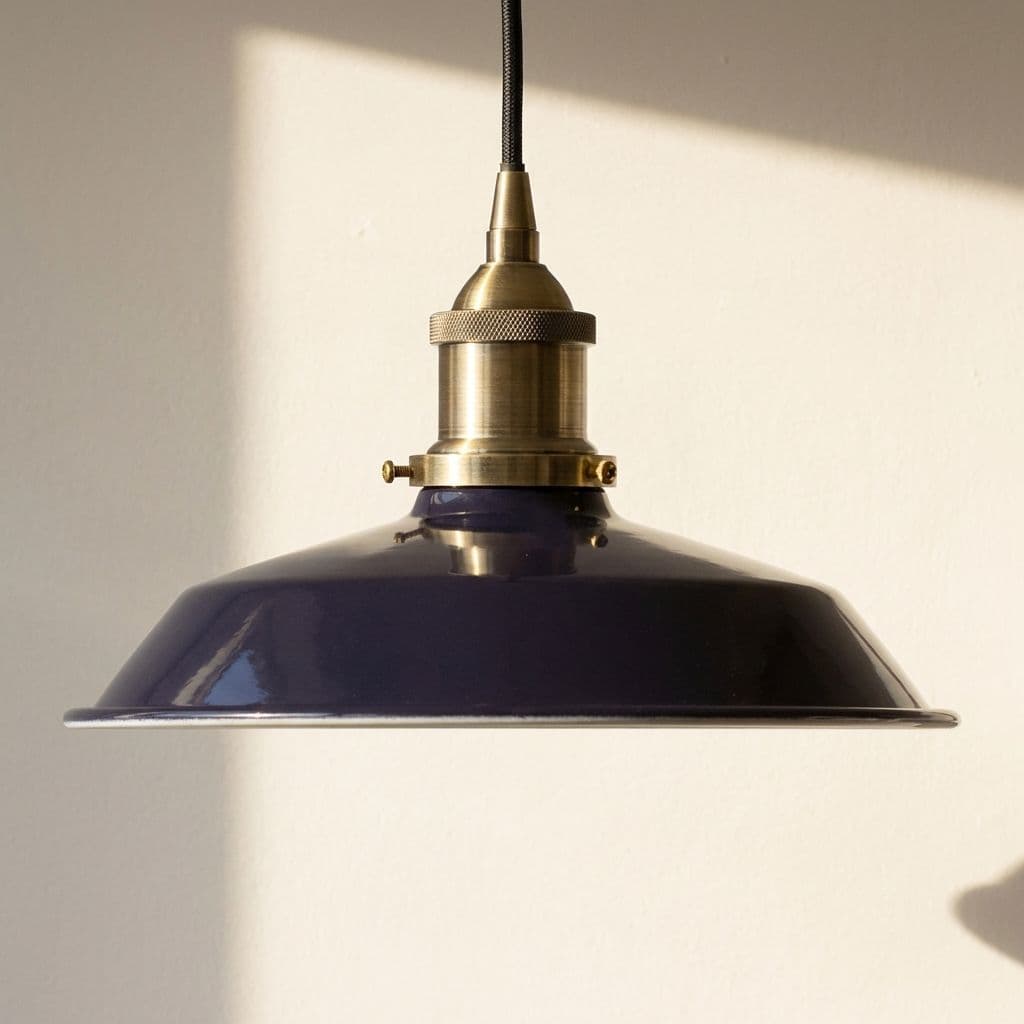 Soho Lighting Navy Blue Small Trinity Metal Painted Pendant Light with Matt Antique Brass Lamp Holder and Black Twisted Cable