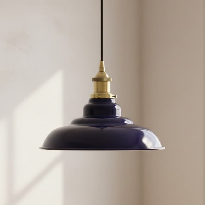 Soho Lighting Navy Blue St Edmund's Painted Pendant Light with Polished Brass Lamp Holder and Black Twisted Cable