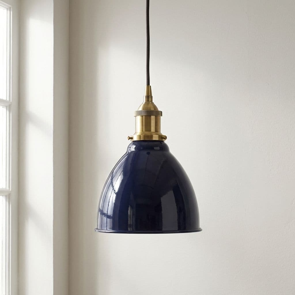 Soho Lighting Navy Blue Classic Small Pantry Metal Painted Pendant Light with Antique Copper Lamp Holder and Brown Twisted Cable