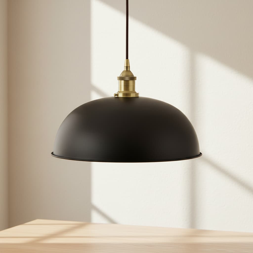 Soho Lighting Matt Black Worcester Painted Pendant Light with Matt Antique Brass Lamp Holder and Black Twisted Cable