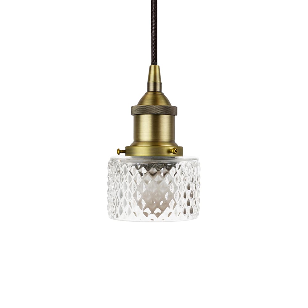 Petite Prismatic Glass Pendant Light with Matt Antique Brass Lamp Holder and Black Round Cable - The Soho Lighting Company