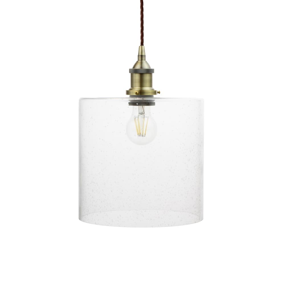 Bubble Crackled Glass Pendant Light with Antique Brass Lamp Holder and Brown Twisted Cable - The Soho Lighting Company