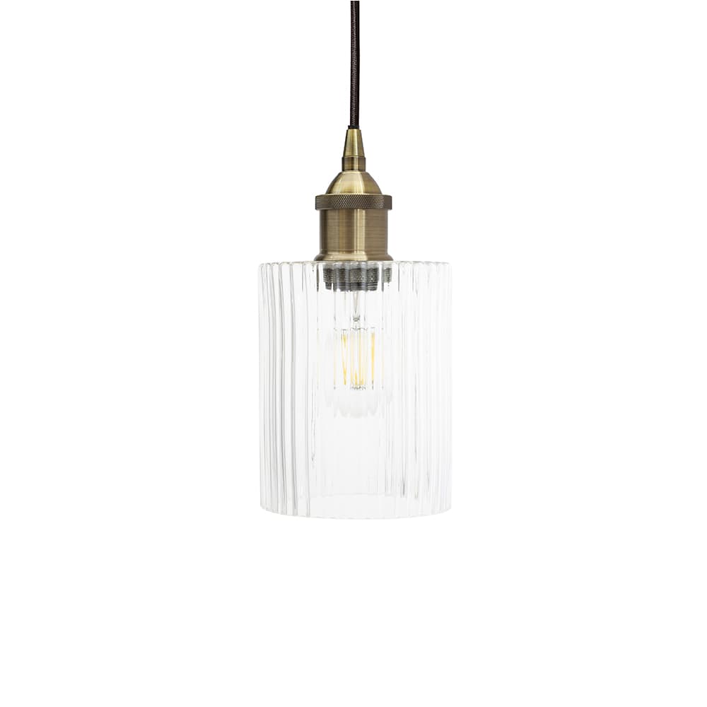 Petite Cylinder Ribbed Glass Pendant Light with Black Nickel Lamp Holder and Brown Twisted Cable - The Soho Lighting Company