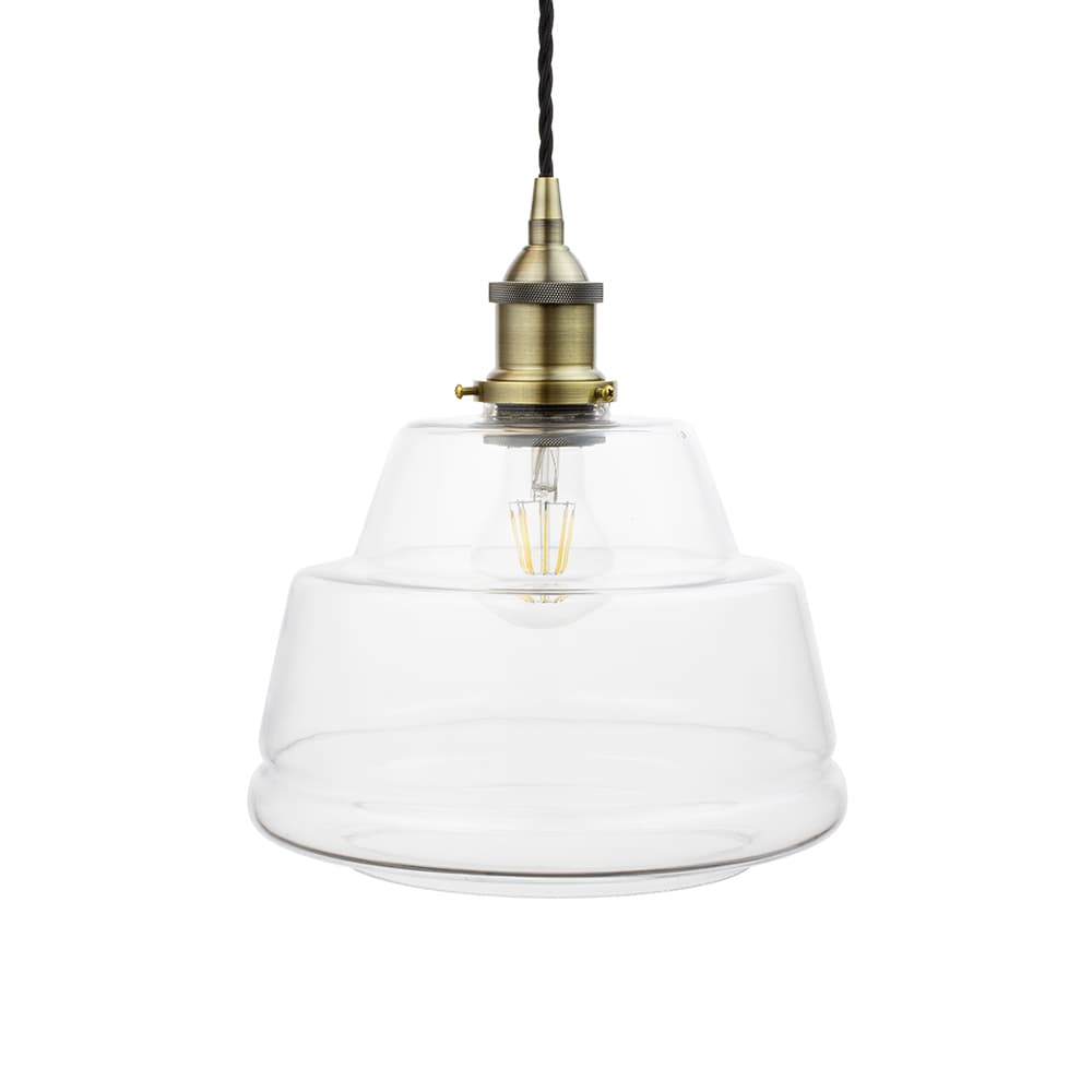 Stepped Clear Glass Pendant Light with Antique Brass Lamp Holder and Black Twisted Cable - The Soho Lighting Company