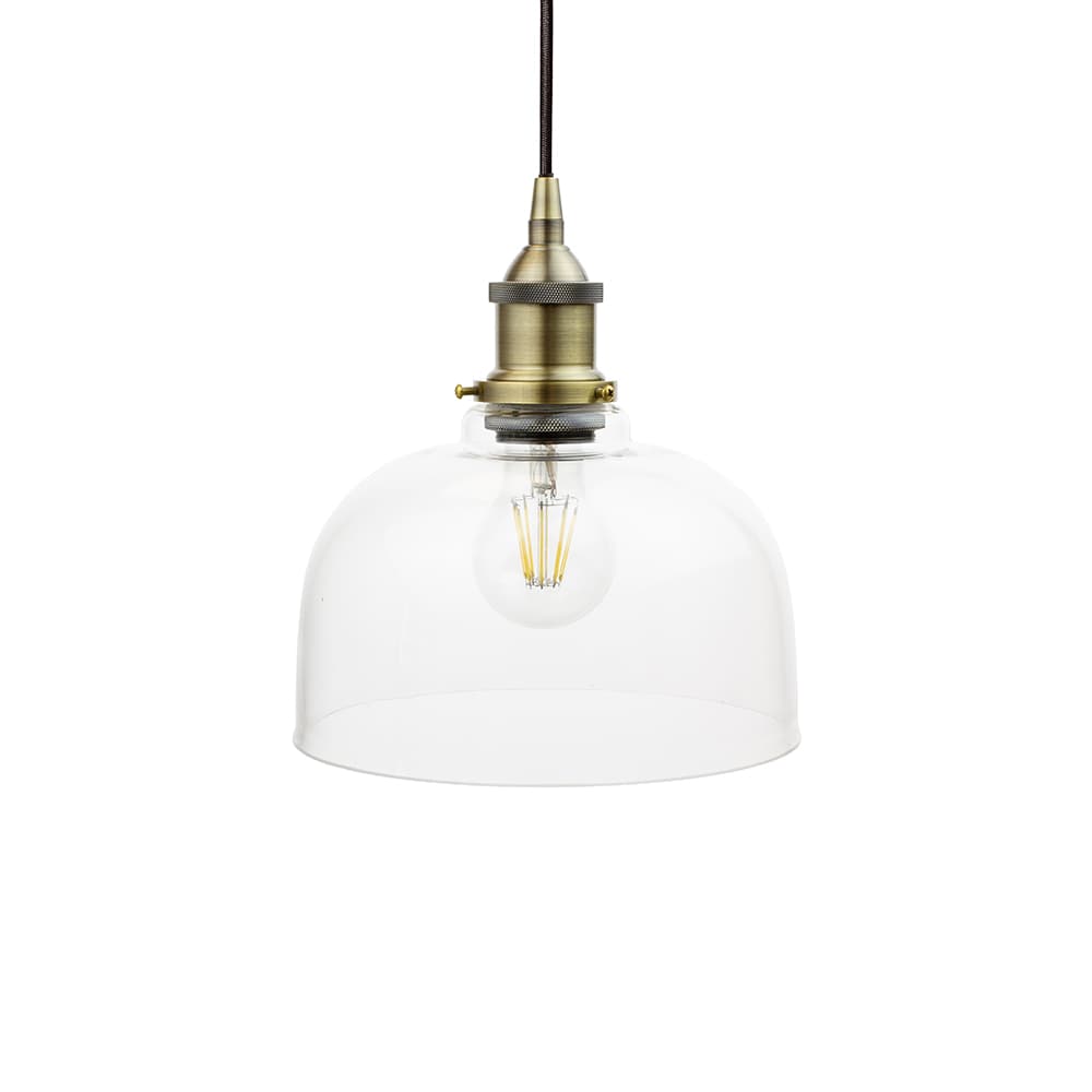Clear Glass Dome Pendant Light with Polished Brass Lamp Holder and Black Twisted Cable - The Soho Lighting Company