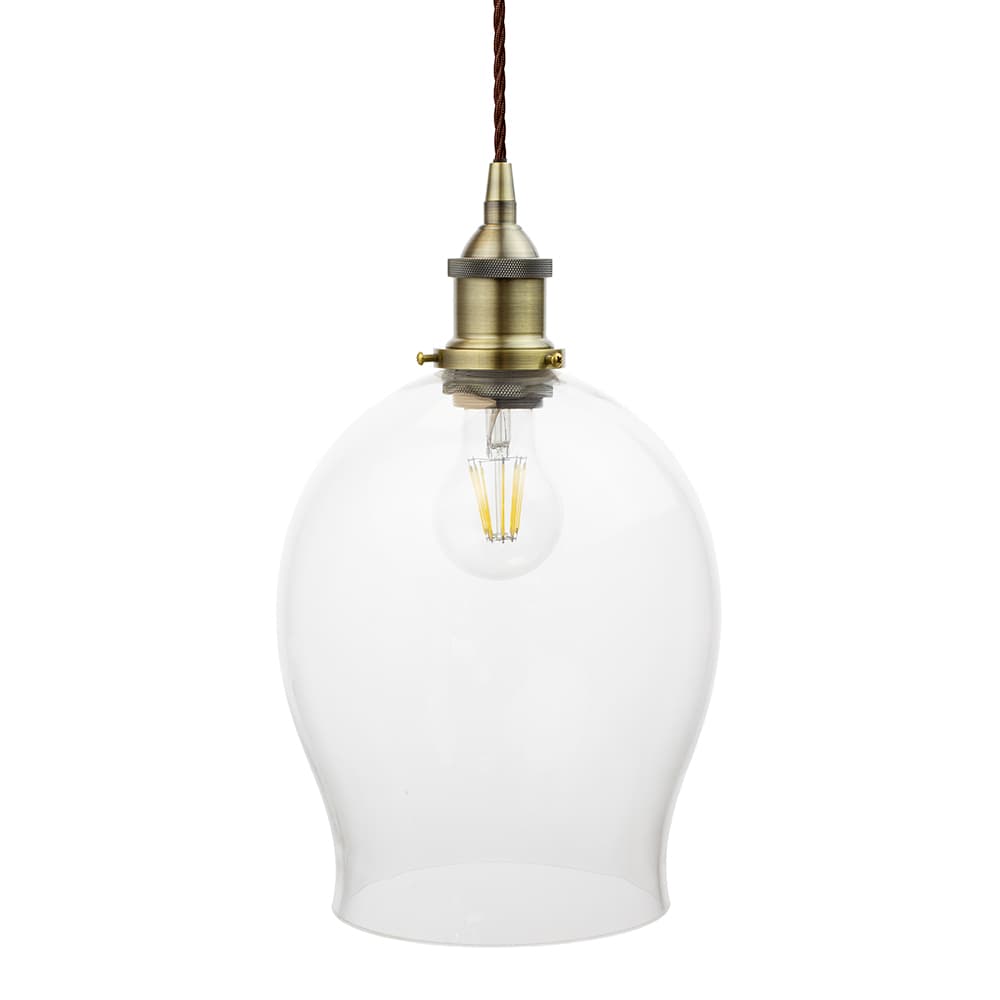 Clear Curved Glass Pendant Light with Antique Brass Lamp Holder and Black Twisted Cable - The Soho Lighting Company