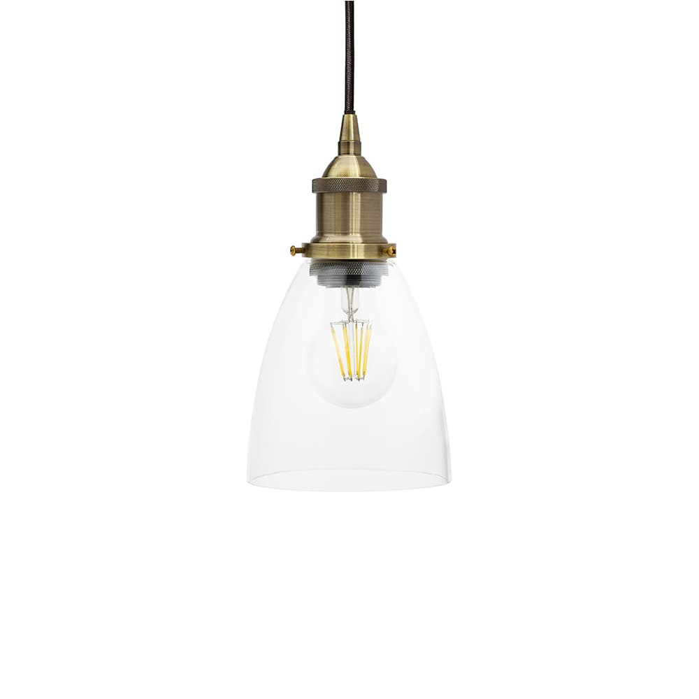 Small Cone Clear Small Glass Pendant Light with Gold Lamp Holder and Black Round Cable - The Soho Lighting Company