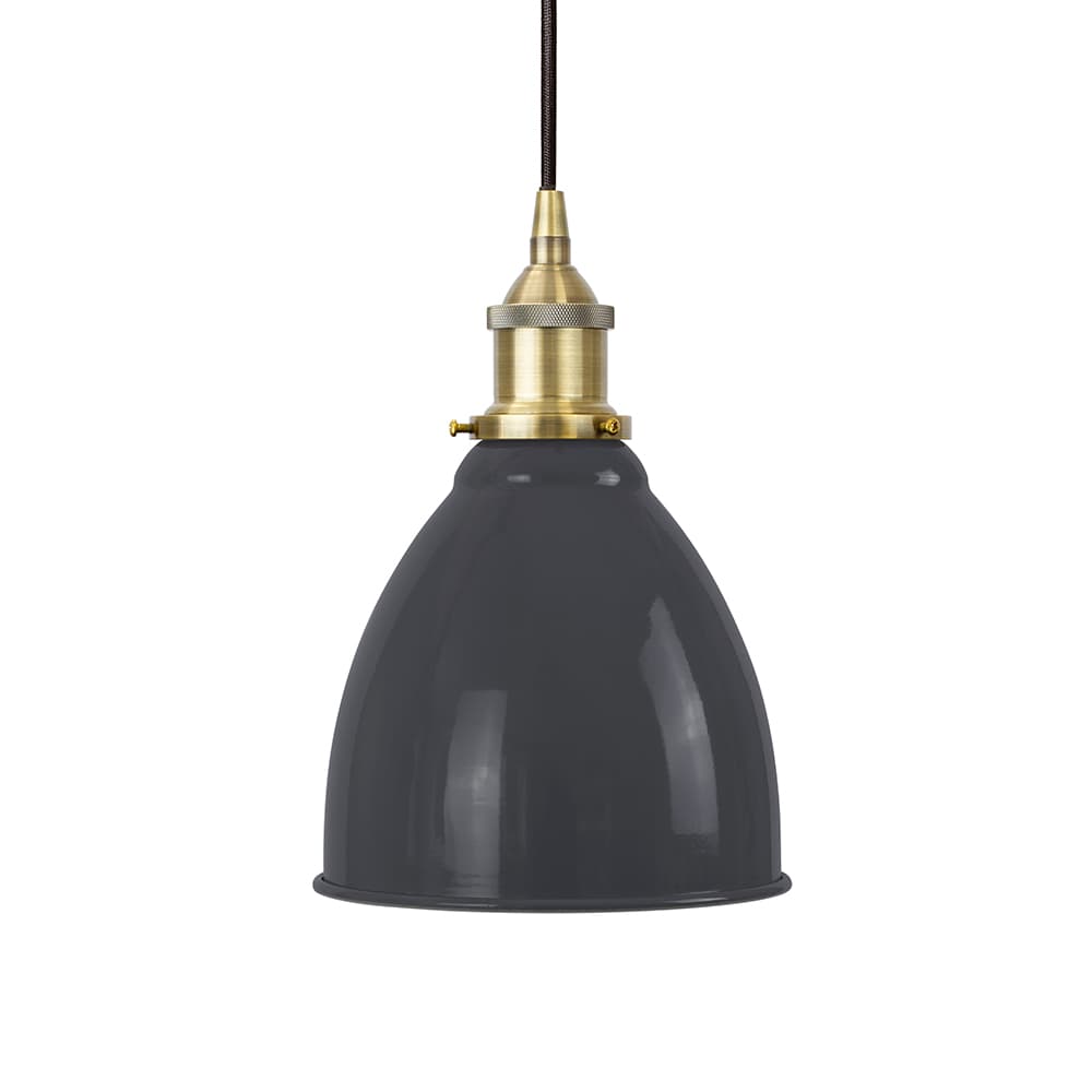 Soho Lighting Slate Grey Classic Small Pantry Metal Painted Pendant Light with Antique Brass Lamp Holder and Brown Twisted Cable