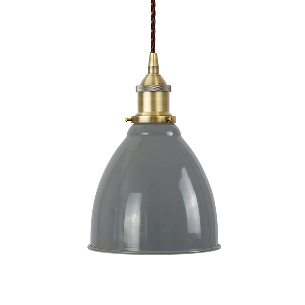 Soho Lighting French Grey Classic Small Pantry Metal Painted Pendant Light with Antique Brass Lamp Holder and Brown Twisted Cable